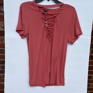 Express Womens Lace Up V-Neck Choker Top Coral Pink Short Sleeve S NWT